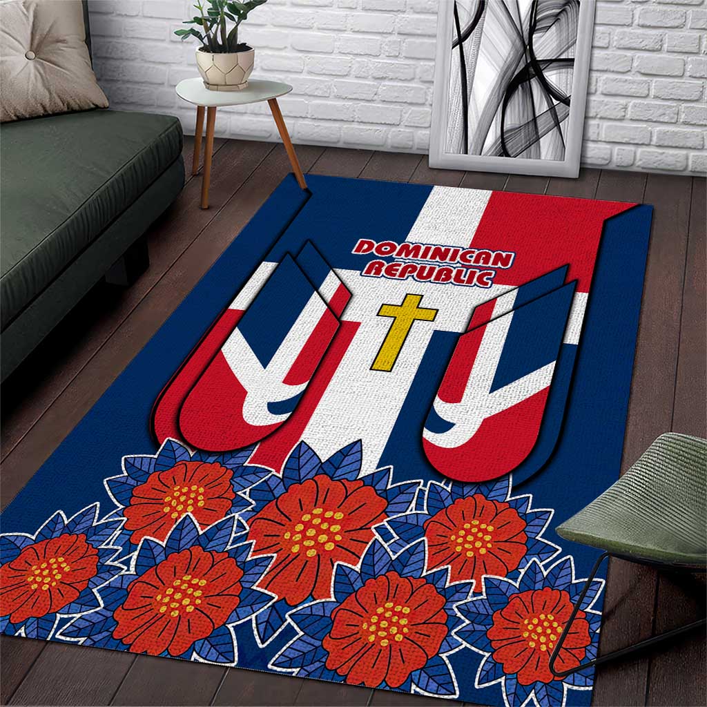 Dominican Republic Flag Area Rug with Cross and Floral Design Red Blue Pattern - Wonder Print Shop