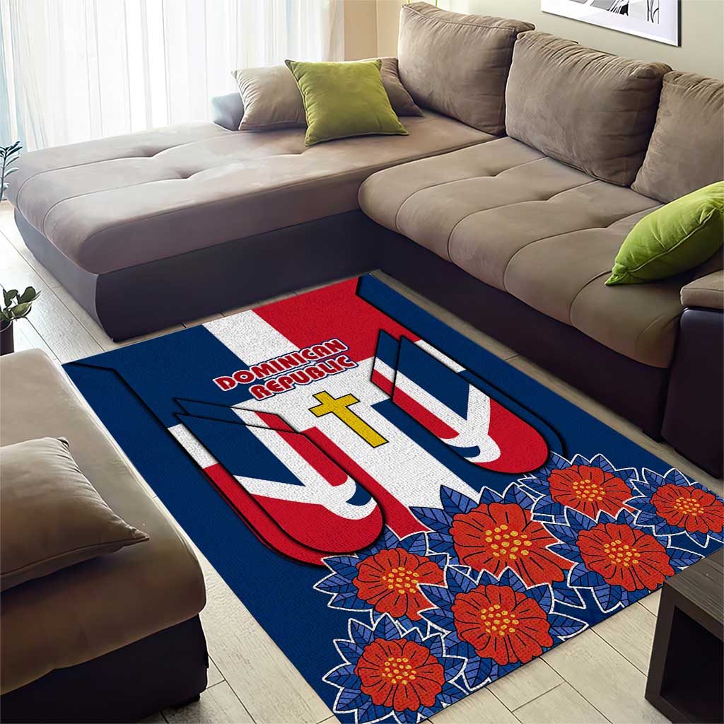 Dominican Republic Flag Area Rug with Cross and Floral Design Red Blue Pattern - Wonder Print Shop