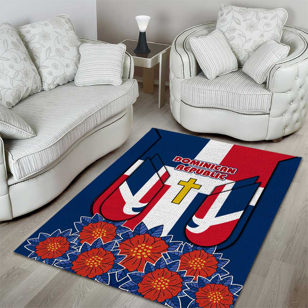 Dominican Republic Flag Area Rug with Cross and Floral Design Red Blue Pattern - Wonder Print Shop
