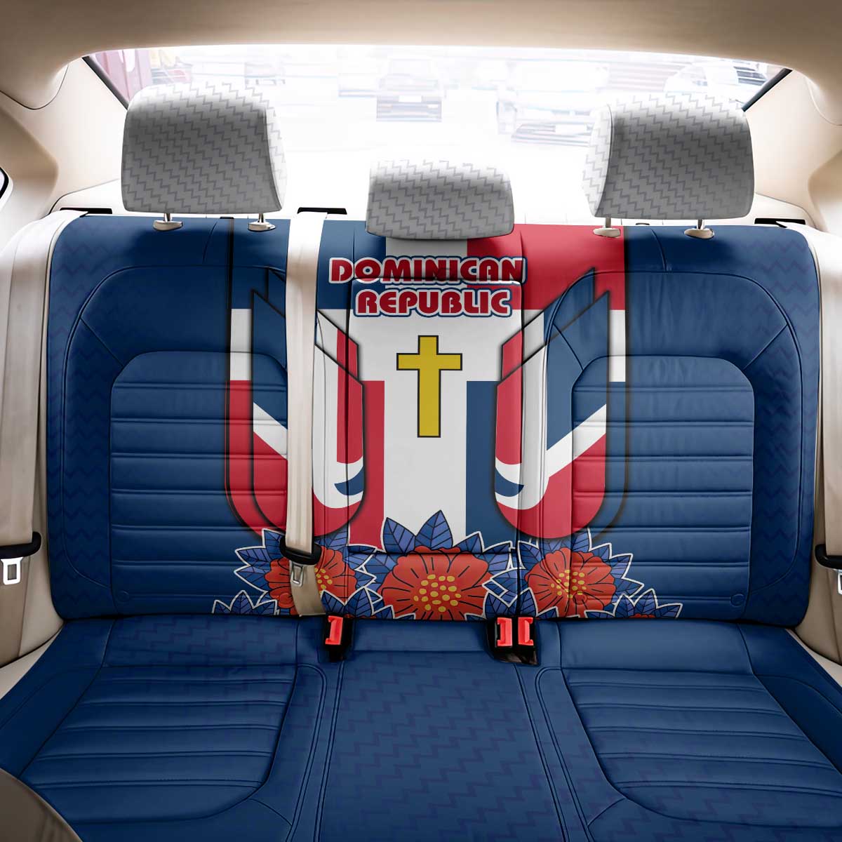Dominican Republic Flag Back Car Seat Cover with Cross and Floral Design Red Blue Pattern - Wonder Print Shop