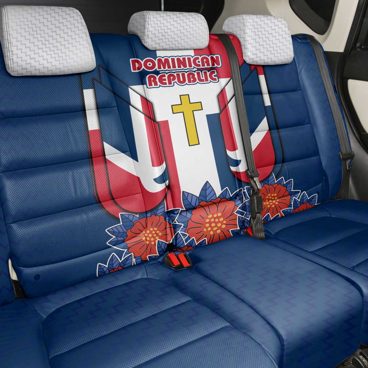 Dominican Republic Flag Back Car Seat Cover with Cross and Floral Design Red Blue Pattern - Wonder Print Shop