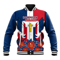 Dominican Republic Flag Baseball Jacket with Cross and Floral Design Red Blue Pattern - Wonder Print Shop