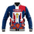 Dominican Republic Flag Baseball Jacket with Cross and Floral Design Red Blue Pattern - Wonder Print Shop