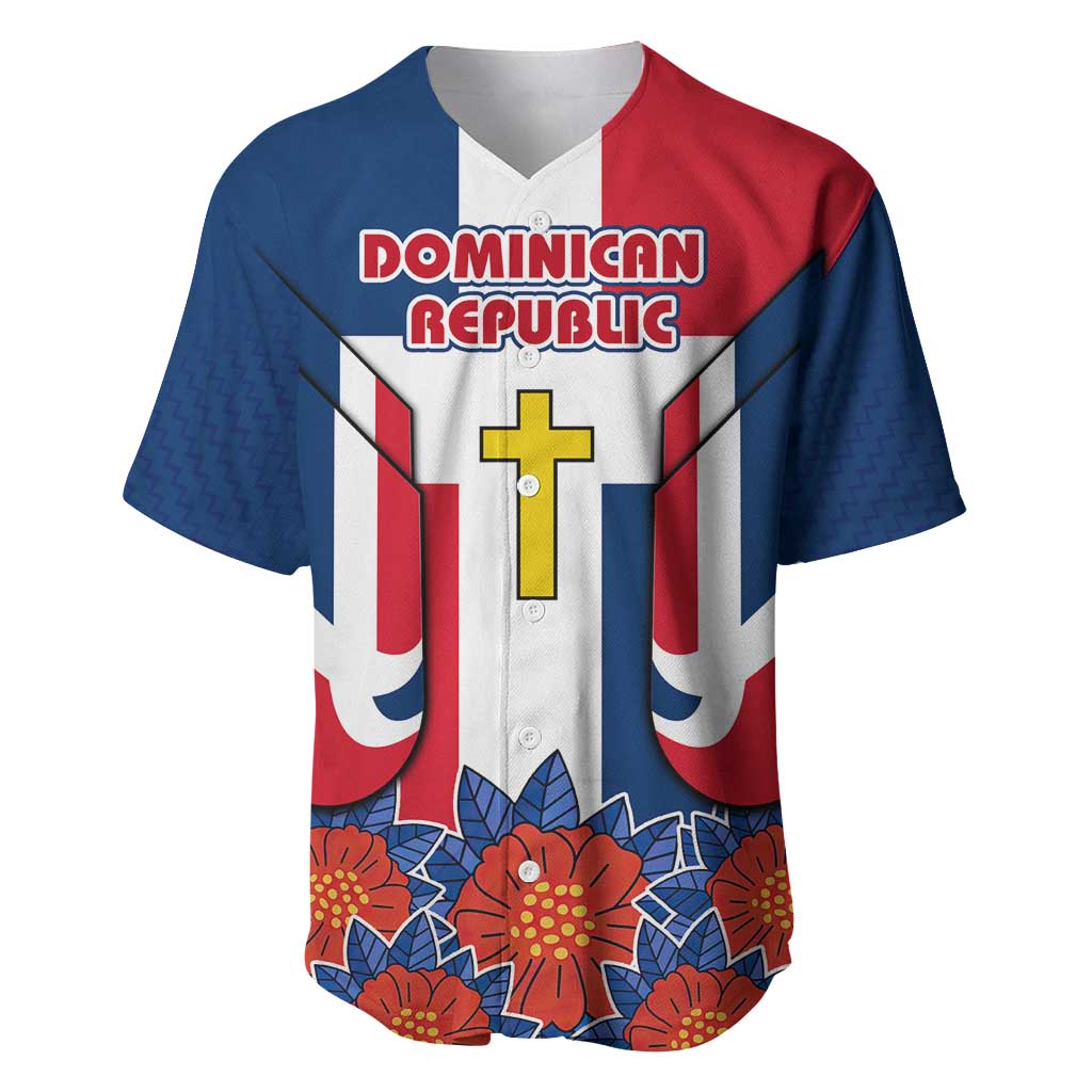 Dominican Republic Flag Baseball Jersey with Cross and Floral Design Red Blue Pattern - Wonder Print Shop