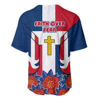 Dominican Republic Flag Baseball Jersey with Cross and Floral Design Red Blue Pattern - Wonder Print Shop