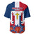 Dominican Republic Flag Baseball Jersey with Cross and Floral Design Red Blue Pattern - Wonder Print Shop