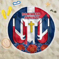 Dominican Republic Flag Beach Blanket with Cross and Floral Design Red Blue Pattern - Wonder Print Shop