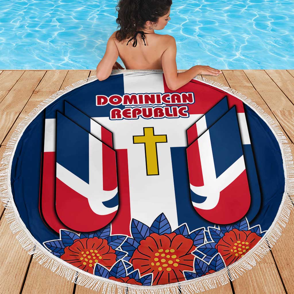 Dominican Republic Flag Beach Blanket with Cross and Floral Design Red Blue Pattern - Wonder Print Shop