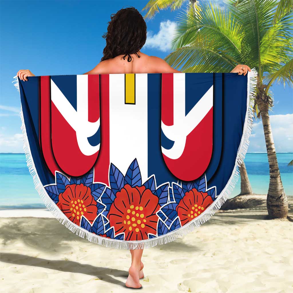 Dominican Republic Flag Beach Blanket with Cross and Floral Design Red Blue Pattern - Wonder Print Shop