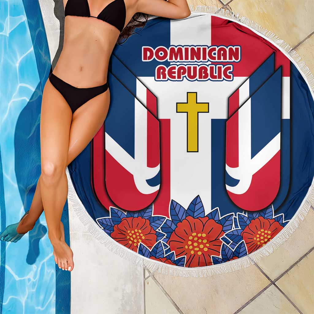 Dominican Republic Flag Beach Blanket with Cross and Floral Design Red Blue Pattern - Wonder Print Shop