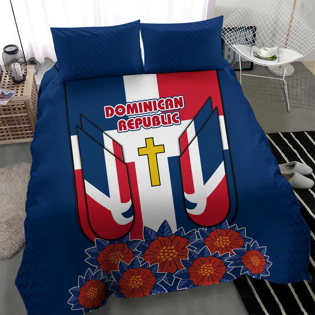 Dominican Republic Flag Bedding Set with Cross and Floral Design Red Blue Pattern - Wonder Print Shop
