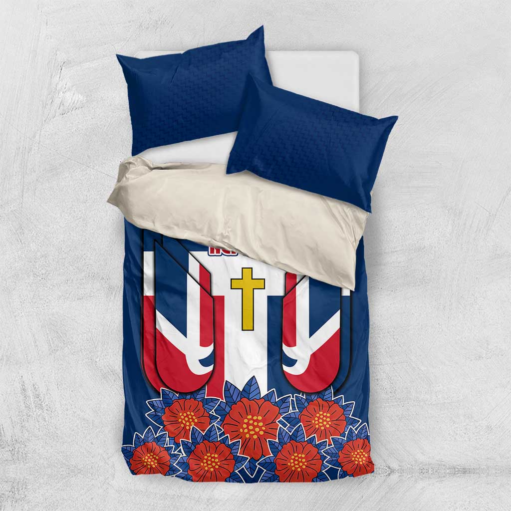 Dominican Republic Flag Bedding Set with Cross and Floral Design Red Blue Pattern - Wonder Print Shop