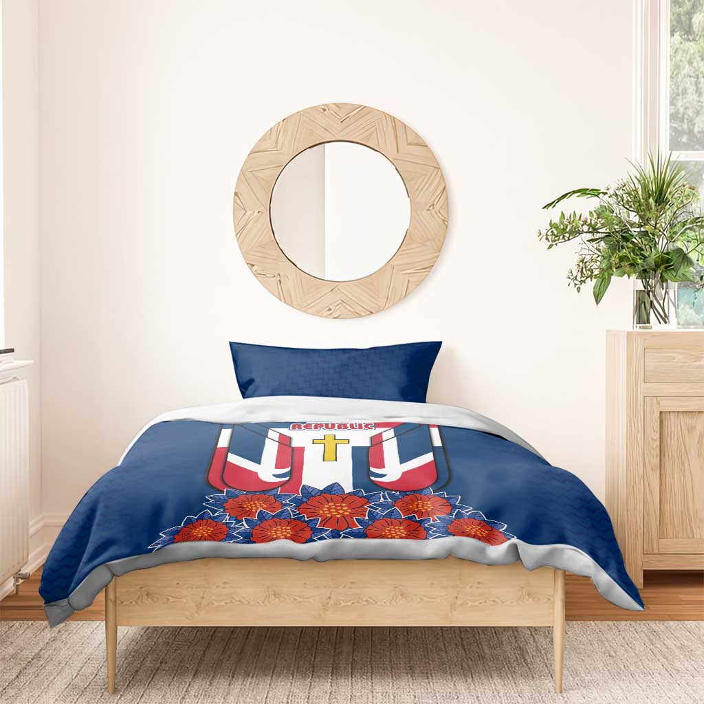 Dominican Republic Flag Bedding Set with Cross and Floral Design Red Blue Pattern - Wonder Print Shop