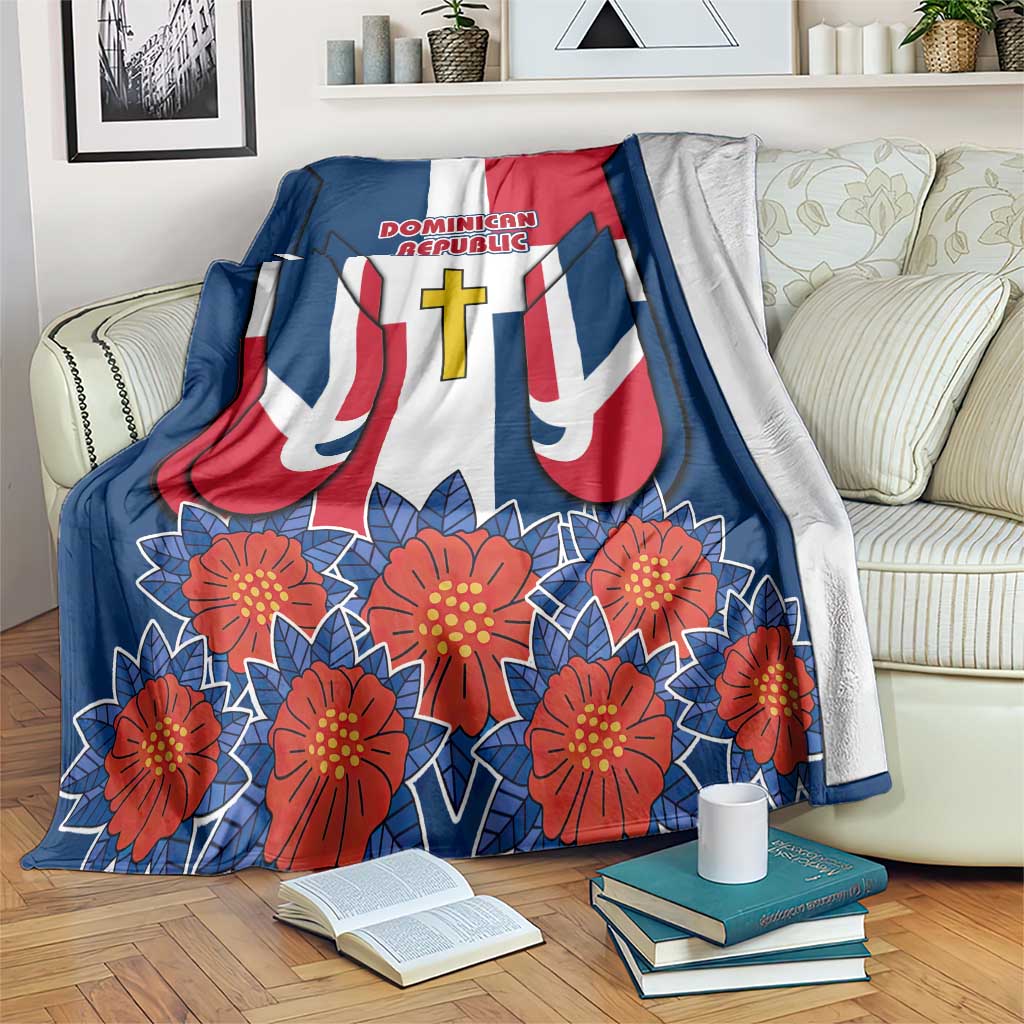 Dominican Republic Flag Blanket with Cross and Floral Design Red Blue Pattern - Wonder Print Shop