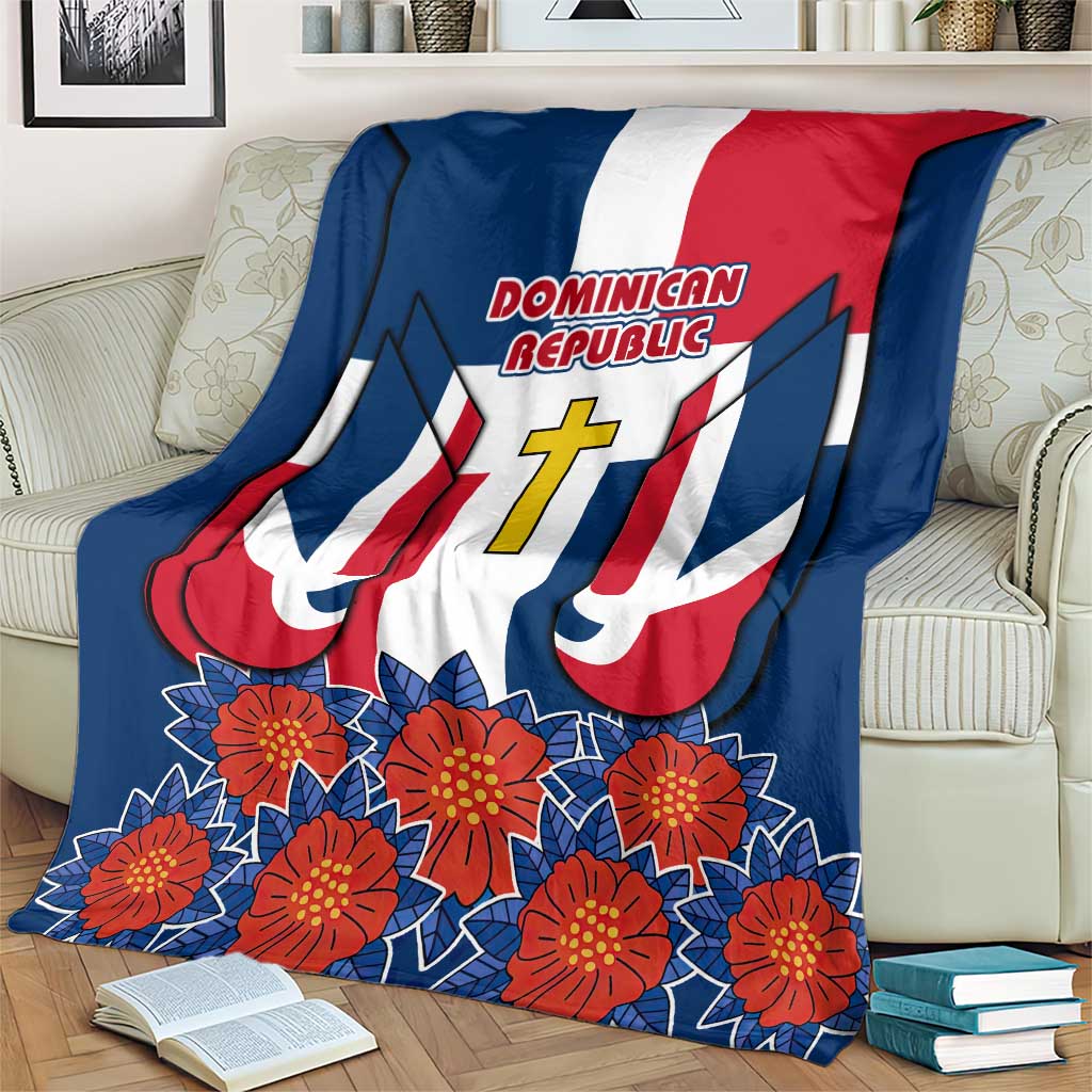 Dominican Republic Flag Blanket with Cross and Floral Design Red Blue Pattern - Wonder Print Shop