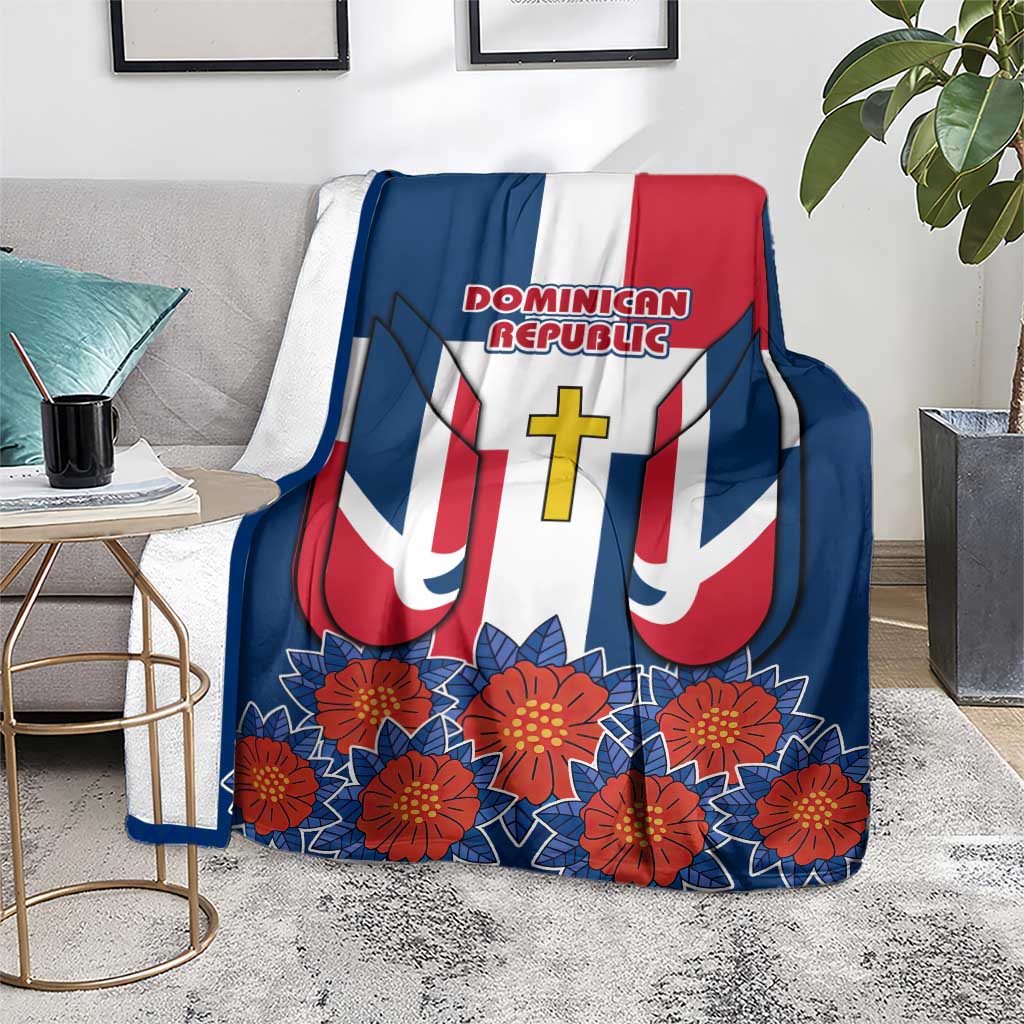 Dominican Republic Flag Blanket with Cross and Floral Design Red Blue Pattern - Wonder Print Shop
