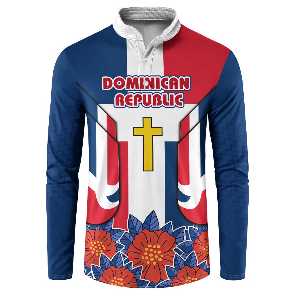 Dominican Republic Flag Button Sweatshirt with Cross and Floral Design Red Blue Pattern - Wonder Print Shop