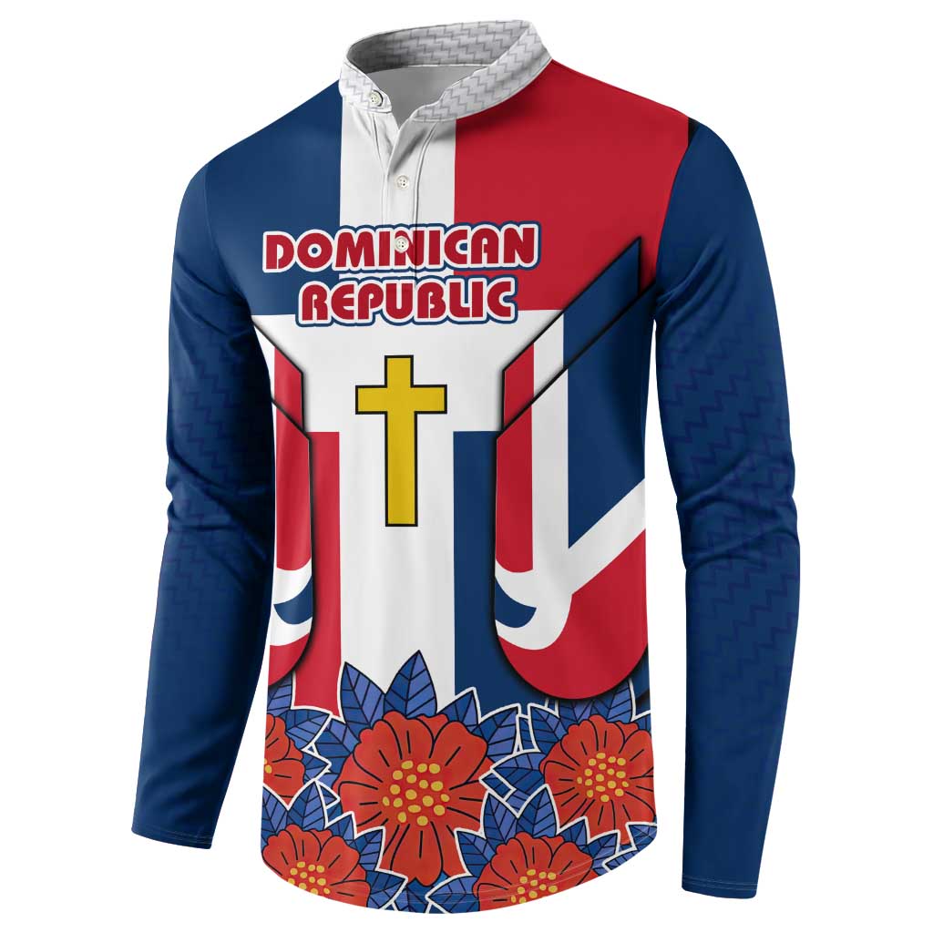 Dominican Republic Flag Button Sweatshirt with Cross and Floral Design Red Blue Pattern - Wonder Print Shop
