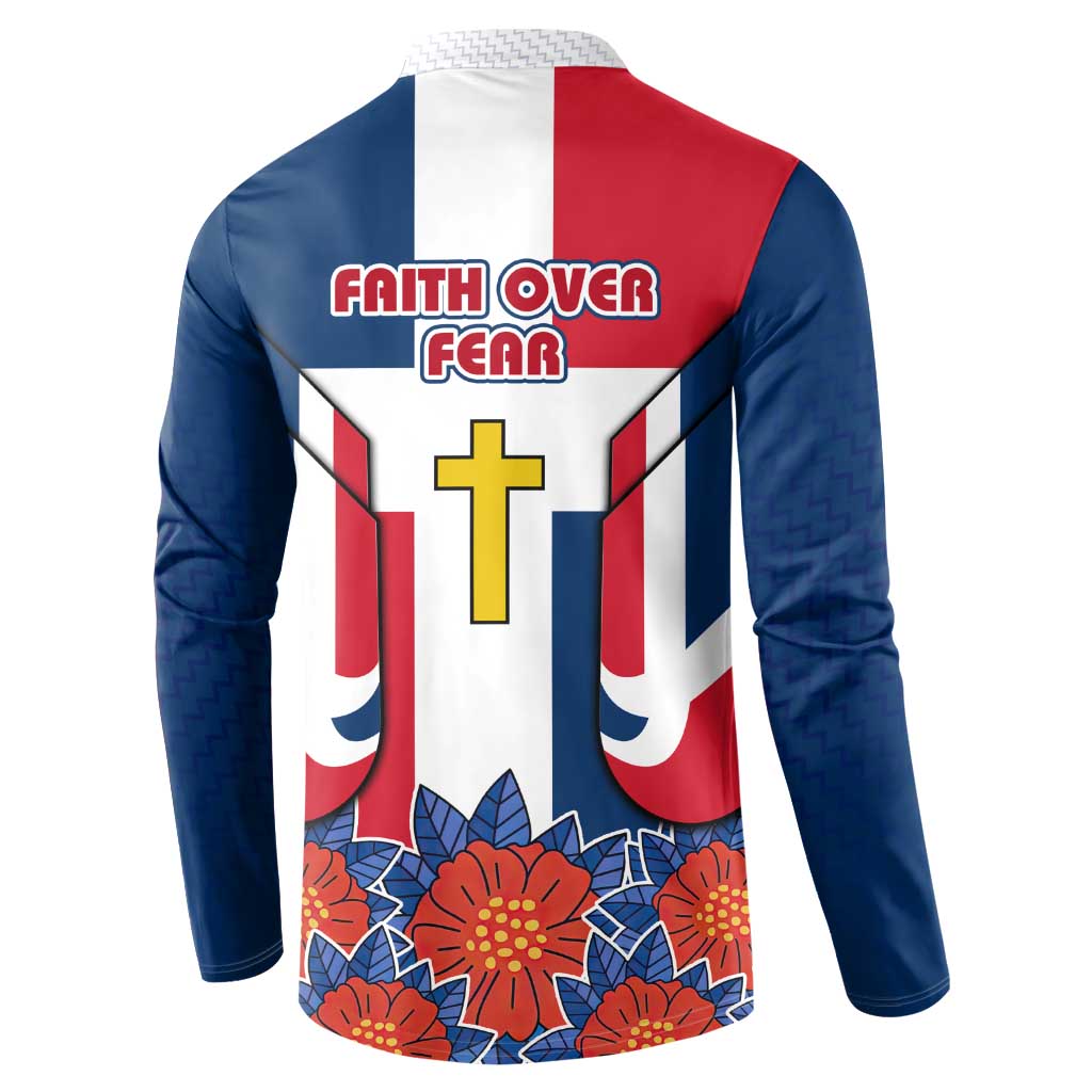 Dominican Republic Flag Button Sweatshirt with Cross and Floral Design Red Blue Pattern - Wonder Print Shop