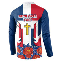 Dominican Republic Flag Button Sweatshirt with Cross and Floral Design Red Blue Pattern - Wonder Print Shop