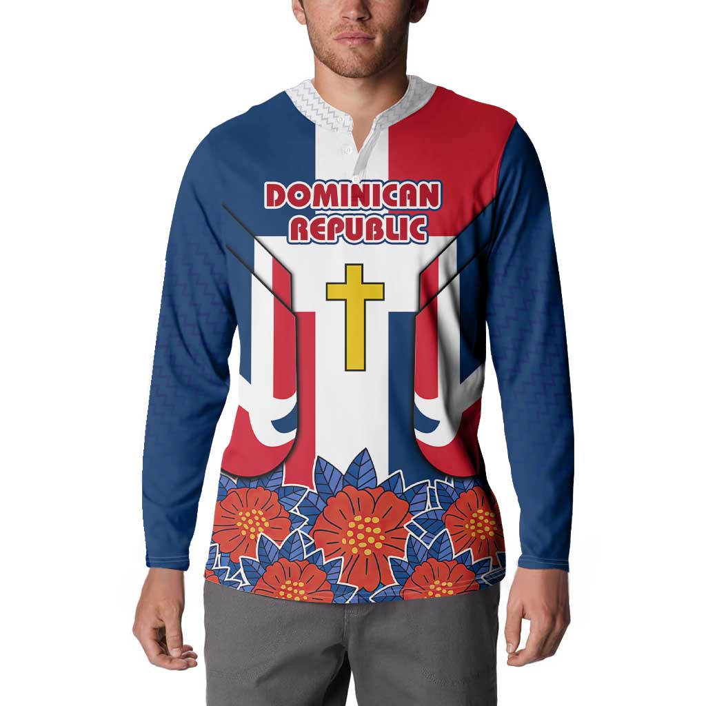 Dominican Republic Flag Button Sweatshirt with Cross and Floral Design Red Blue Pattern - Wonder Print Shop