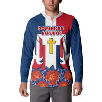 Dominican Republic Flag Button Sweatshirt with Cross and Floral Design Red Blue Pattern - Wonder Print Shop