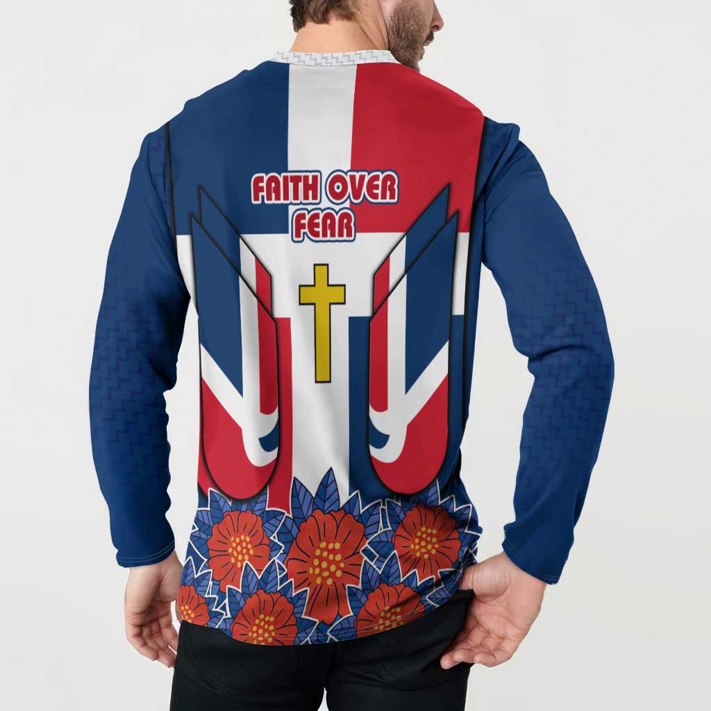 Dominican Republic Flag Button Sweatshirt with Cross and Floral Design Red Blue Pattern - Wonder Print Shop