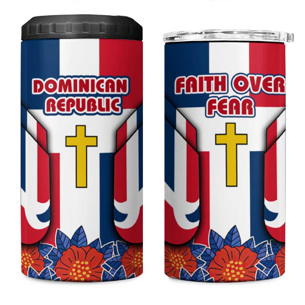 Dominican Republic Flag 4 in 1 Can Cooler Tumbler with Cross and Floral Design Red Blue Pattern - Wonder Print Shop