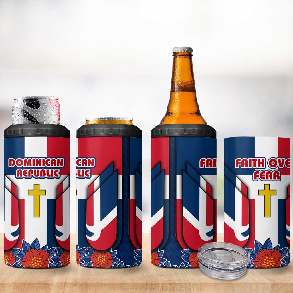 Dominican Republic Flag 4 in 1 Can Cooler Tumbler with Cross and Floral Design Red Blue Pattern - Wonder Print Shop
