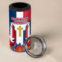 Dominican Republic Flag 4 in 1 Can Cooler Tumbler with Cross and Floral Design Red Blue Pattern - Wonder Print Shop