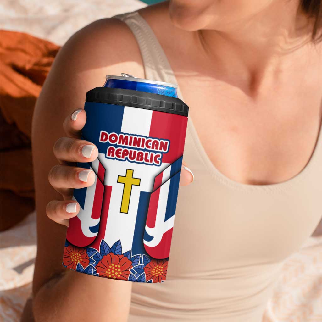 Dominican Republic Flag 4 in 1 Can Cooler Tumbler with Cross and Floral Design Red Blue Pattern - Wonder Print Shop