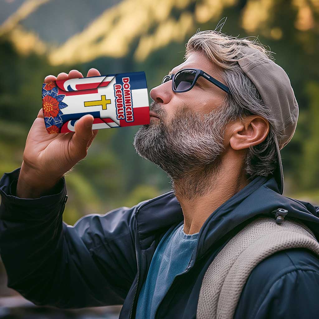 Dominican Republic Flag 4 in 1 Can Cooler Tumbler with Cross and Floral Design Red Blue Pattern - Wonder Print Shop