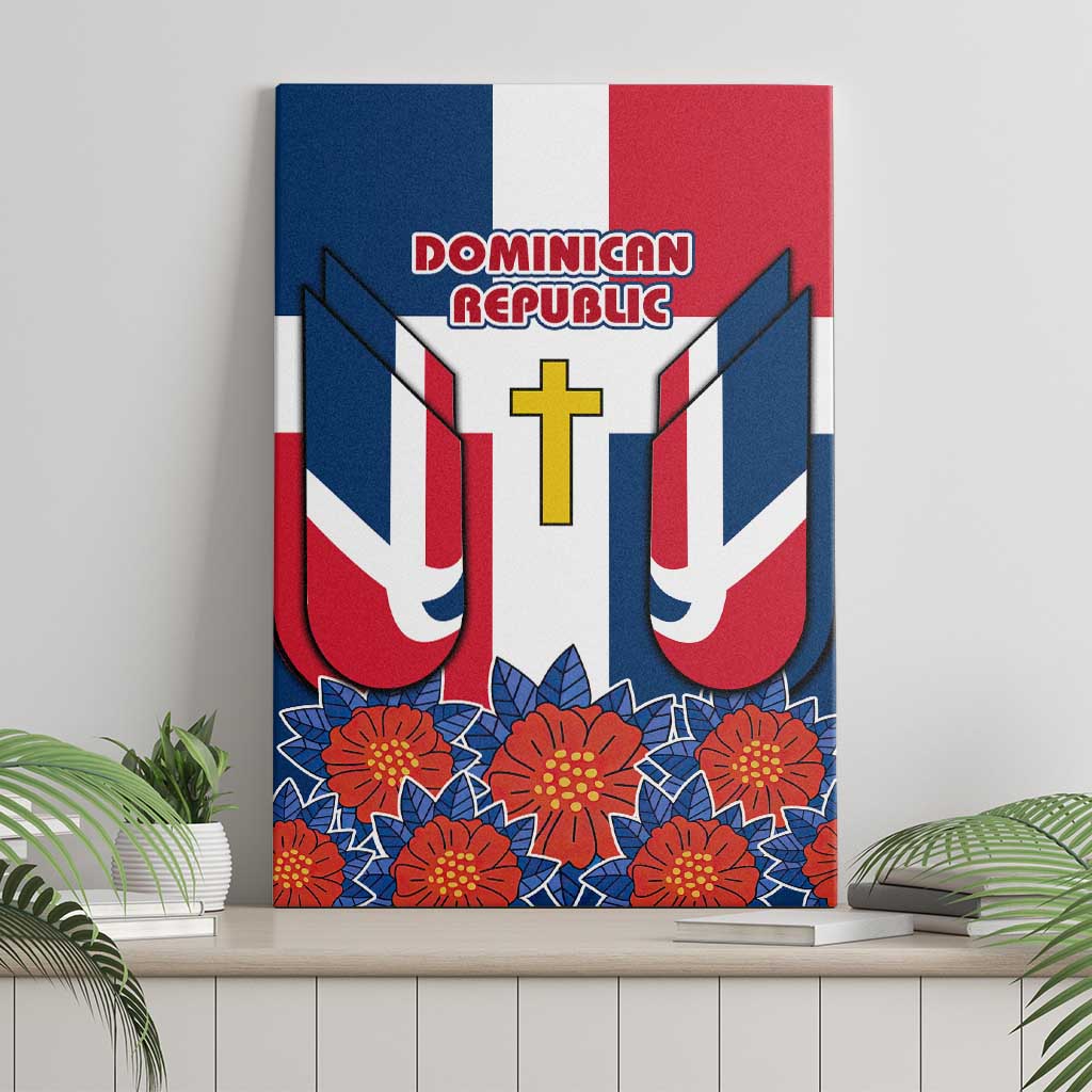 Dominican Republic Flag Canvas Wall Art with Cross and Floral Design Red Blue Pattern - Wonder Print Shop
