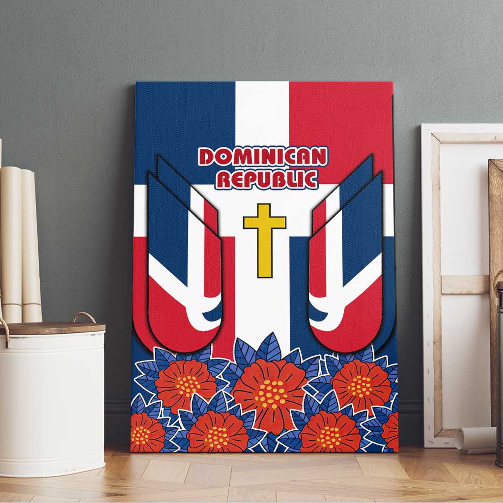 Dominican Republic Flag Canvas Wall Art with Cross and Floral Design Red Blue Pattern - Wonder Print Shop