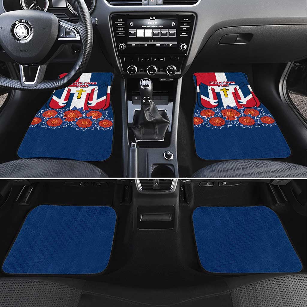 Dominican Republic Flag Car Mats with Cross and Floral Design Red Blue Pattern - Wonder Print Shop