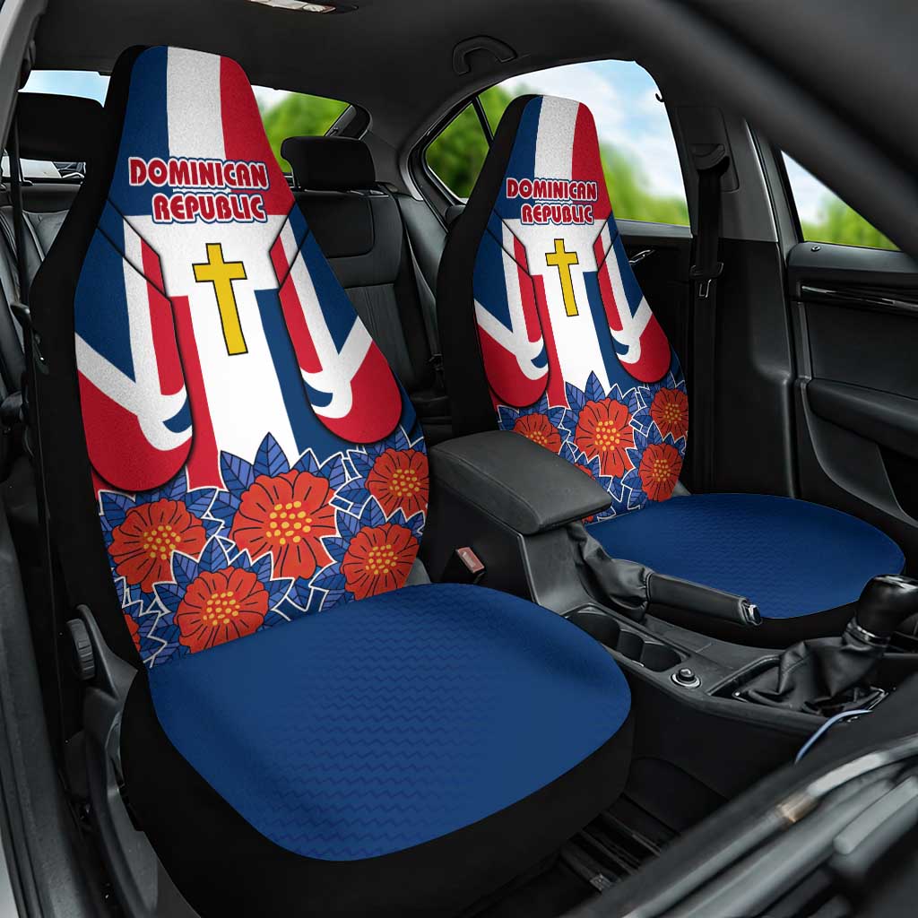 Dominican Republic Flag Car Seat Cover with Cross and Floral Design Red Blue Pattern - Wonder Print Shop