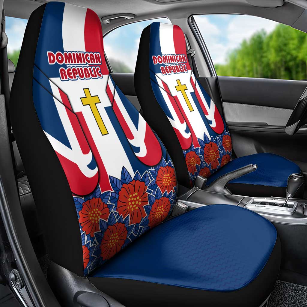 Dominican Republic Flag Car Seat Cover with Cross and Floral Design Red Blue Pattern - Wonder Print Shop