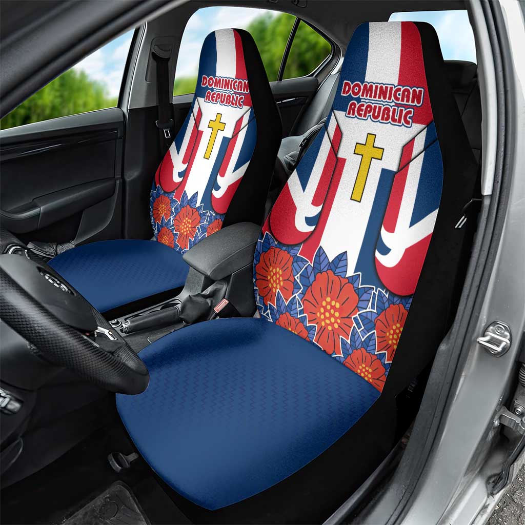 Dominican Republic Flag Car Seat Cover with Cross and Floral Design Red Blue Pattern - Wonder Print Shop