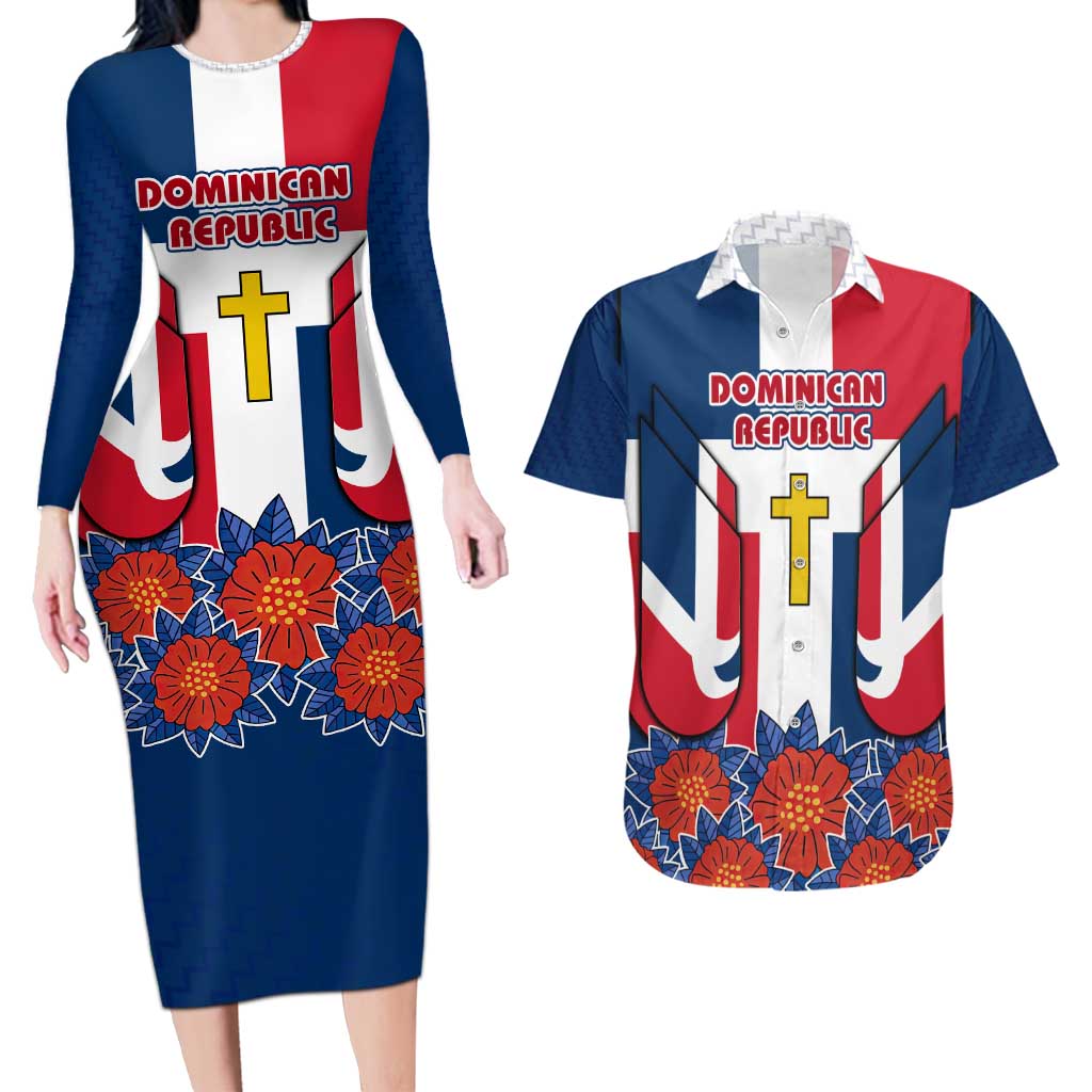 Dominican Republic Flag Couples Matching Long Sleeve Bodycon Dress and Hawaiian Shirt with Cross and Floral Design Red Blue Pattern - Wonder Print Shop