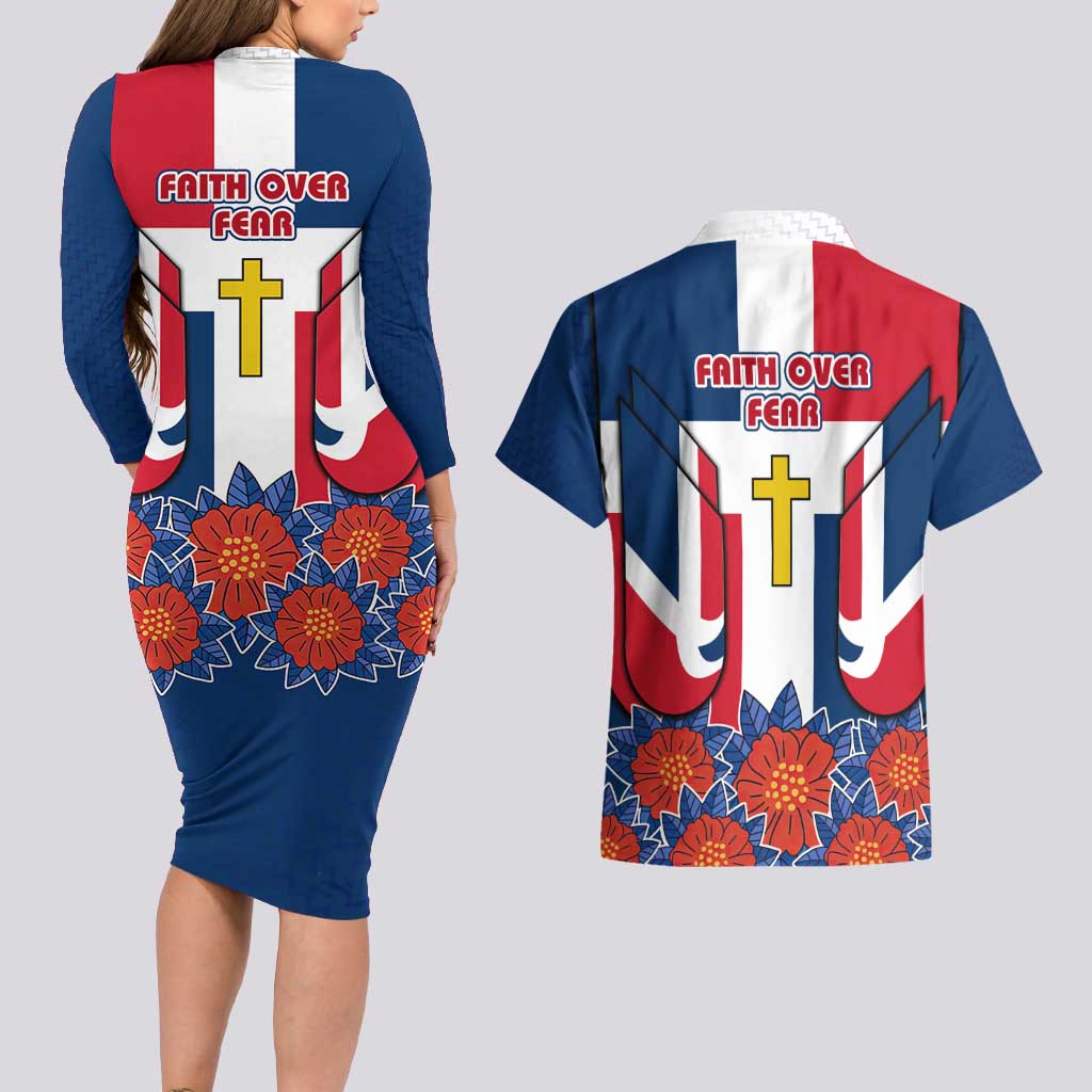 Dominican Republic Flag Couples Matching Long Sleeve Bodycon Dress and Hawaiian Shirt with Cross and Floral Design Red Blue Pattern - Wonder Print Shop