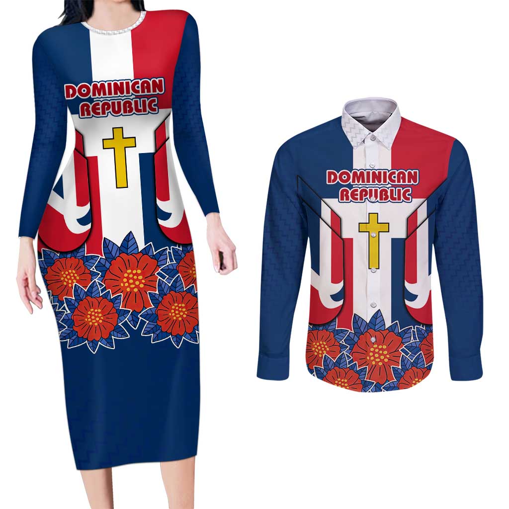 Dominican Republic Flag Couples Matching Long Sleeve Bodycon Dress and Long Sleeve Button Shirt with Cross and Floral Design Red Blue Pattern - Wonder Print Shop