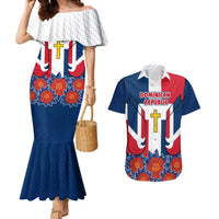 Dominican Republic Flag Couples Matching Mermaid Dress and Hawaiian Shirt with Cross and Floral Design Red Blue Pattern - Wonder Print Shop