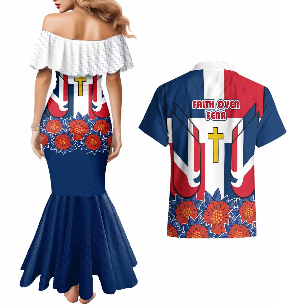 Dominican Republic Flag Couples Matching Mermaid Dress and Hawaiian Shirt with Cross and Floral Design Red Blue Pattern - Wonder Print Shop