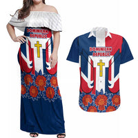Dominican Republic Flag Couples Matching Off Shoulder Maxi Dress and Hawaiian Shirt with Cross and Floral Design Red Blue Pattern - Wonder Print Shop