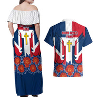 Dominican Republic Flag Couples Matching Off Shoulder Maxi Dress and Hawaiian Shirt with Cross and Floral Design Red Blue Pattern - Wonder Print Shop