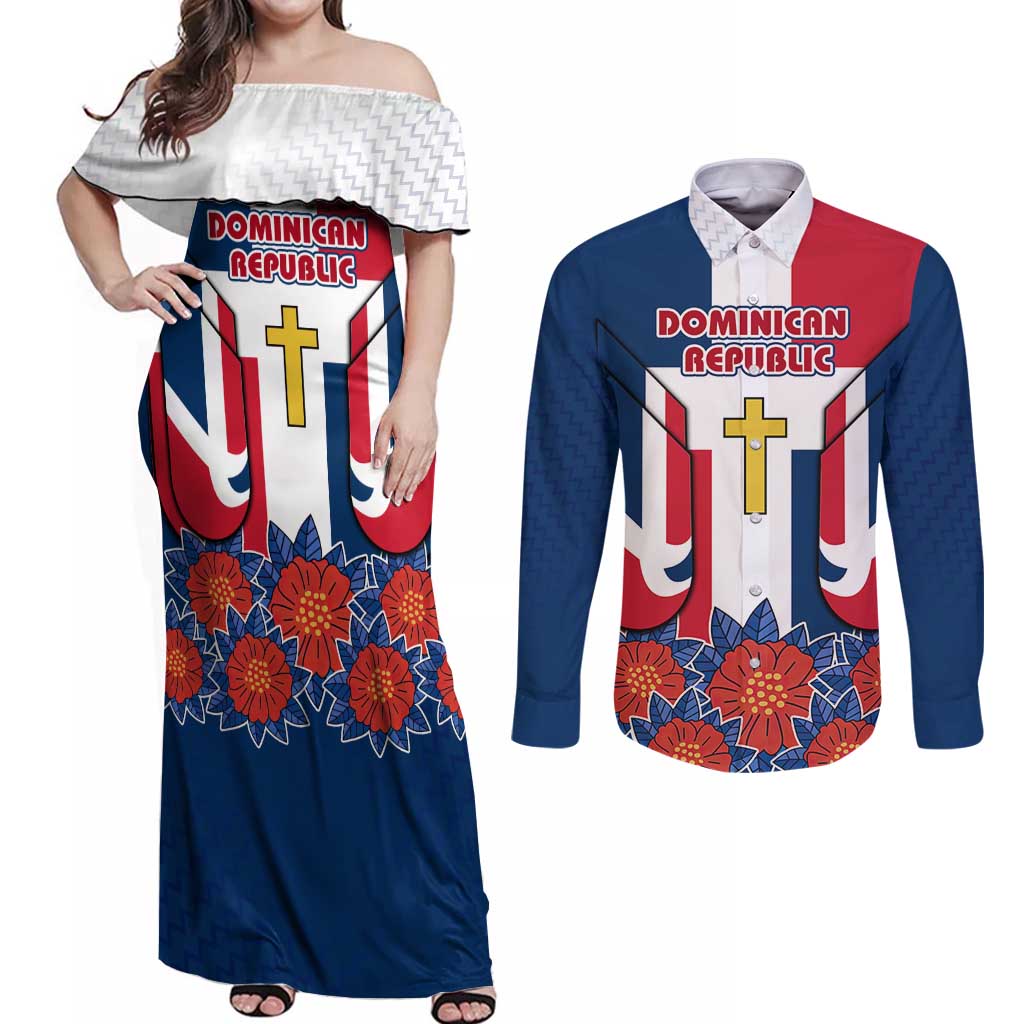 Dominican Republic Flag Couples Matching Off Shoulder Maxi Dress and Long Sleeve Button Shirt with Cross and Floral Design Red Blue Pattern - Wonder Print Shop