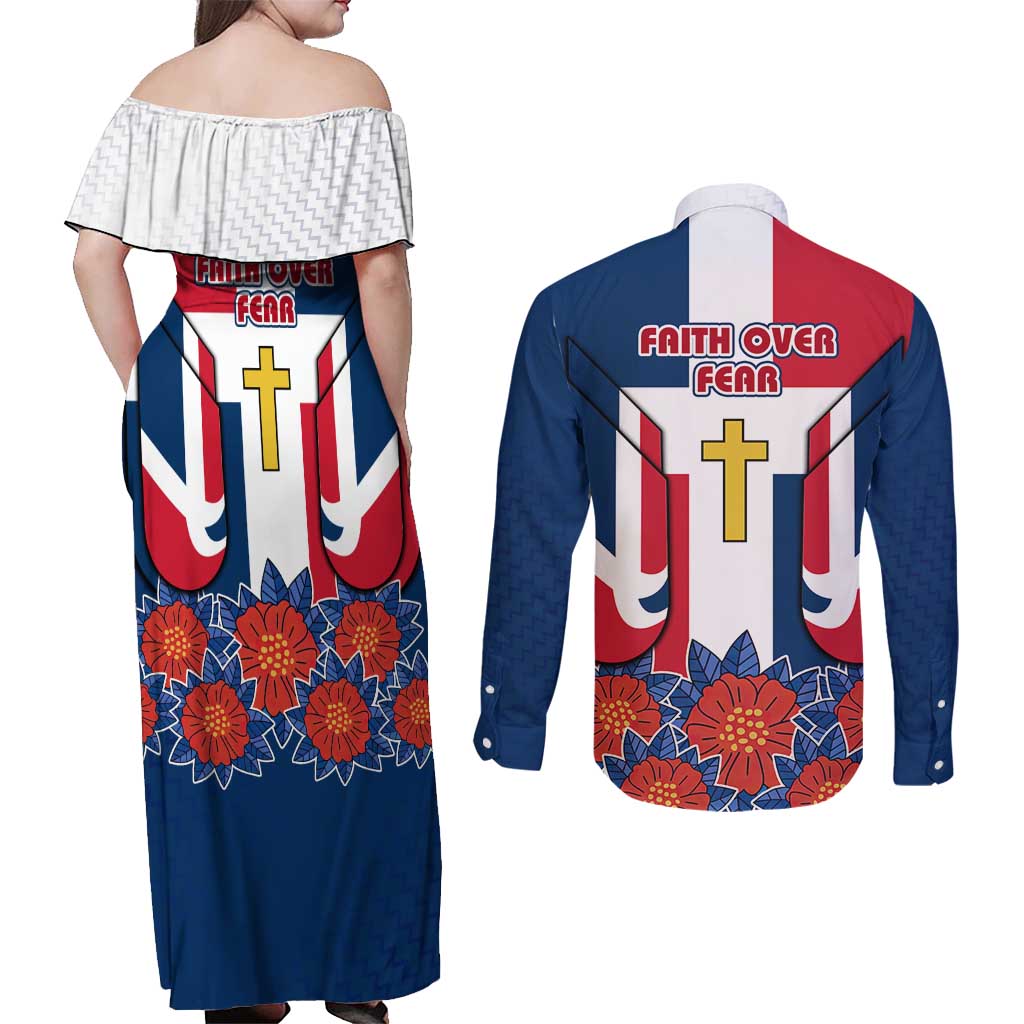 Dominican Republic Flag Couples Matching Off Shoulder Maxi Dress and Long Sleeve Button Shirt with Cross and Floral Design Red Blue Pattern - Wonder Print Shop