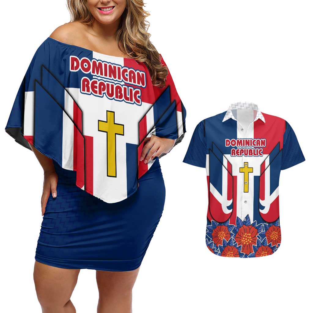 Dominican Republic Flag Couples Matching Off Shoulder Short Dress and Hawaiian Shirt with Cross and Floral Design Red Blue Pattern - Wonder Print Shop