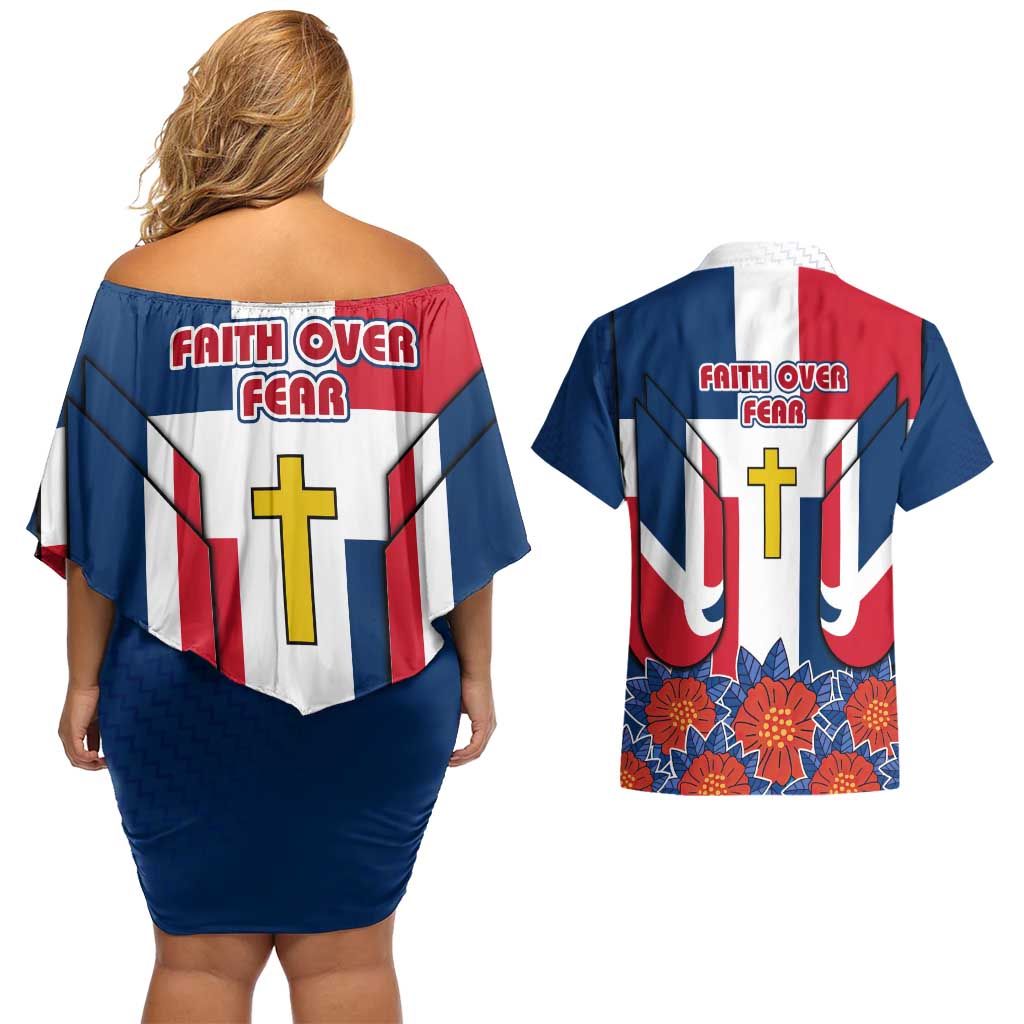 Dominican Republic Flag Couples Matching Off Shoulder Short Dress and Hawaiian Shirt with Cross and Floral Design Red Blue Pattern - Wonder Print Shop