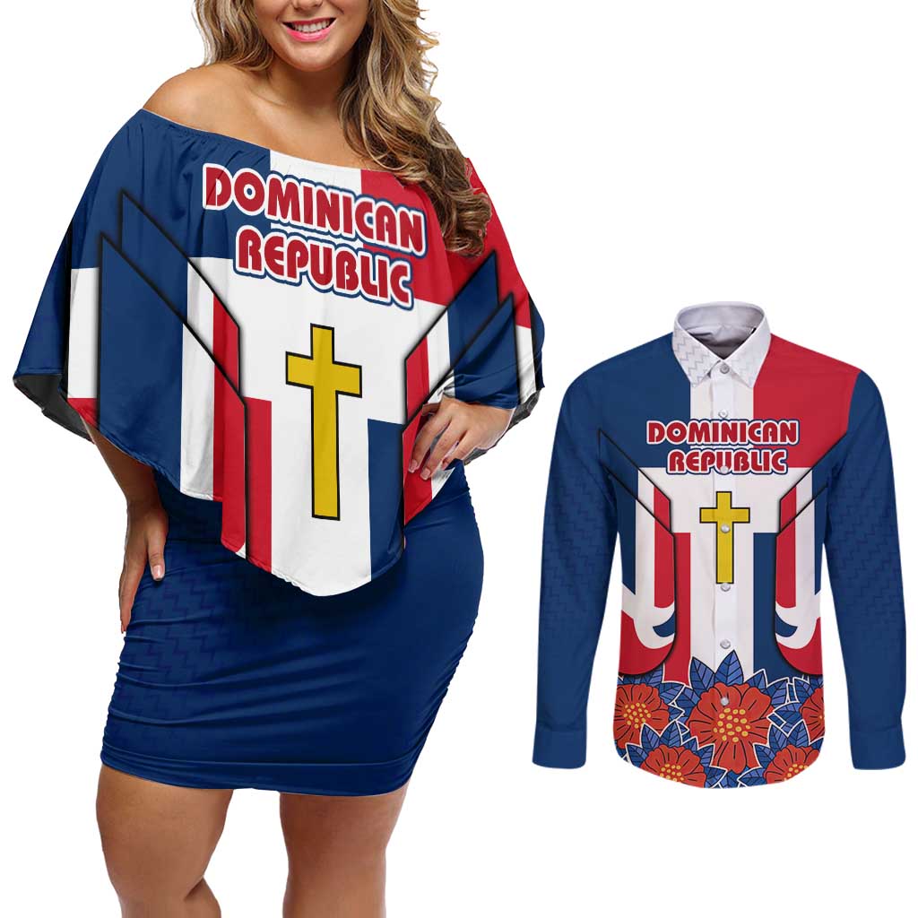 Dominican Republic Flag Couples Matching Off Shoulder Short Dress and Long Sleeve Button Shirt with Cross and Floral Design Red Blue Pattern - Wonder Print Shop